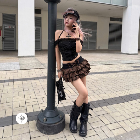Translation missing: en.ASTERACEAE - Rebel Ruffle Mini Skirt (Brown Plaid)